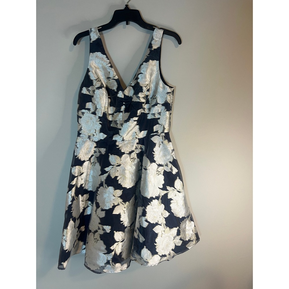 Nicole‎ Miller New York Metallic Floral Ruffle Back Cocktail Dress Navy Gold